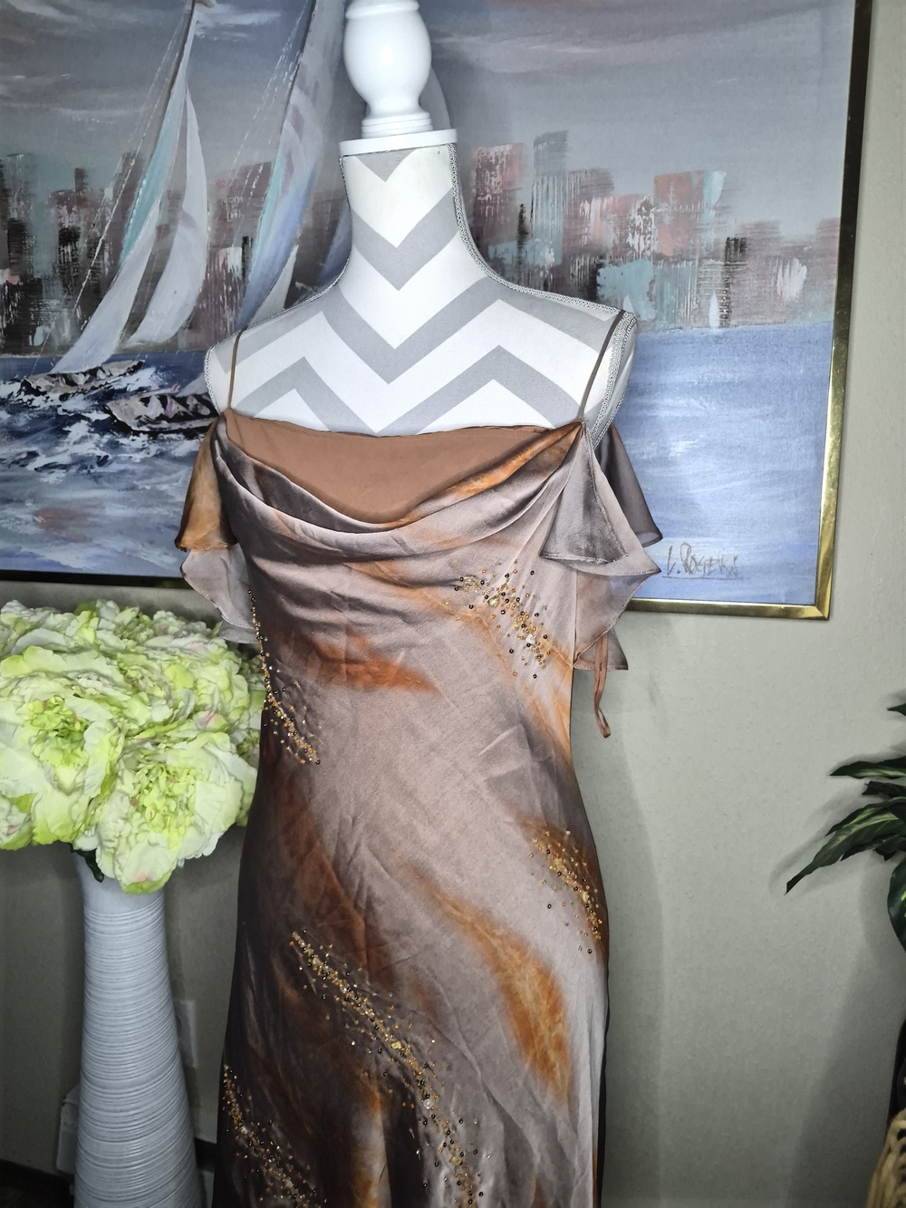 Satin High-Low Slip Dress in Rust and Taupe by Miss Ravesky - Picture 2 of 9